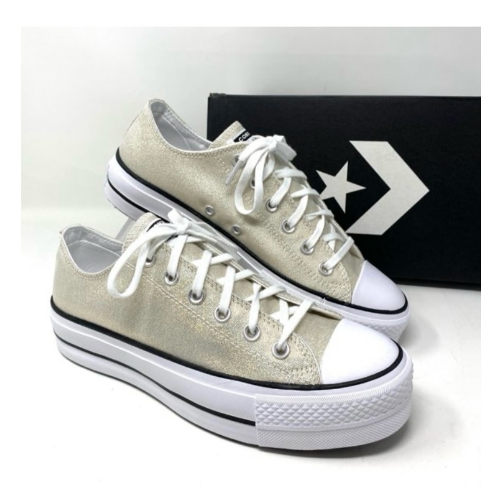 Converse Women's All Star Ox Lift Gold/Cream Sparkling Canvas Platform Sneakers